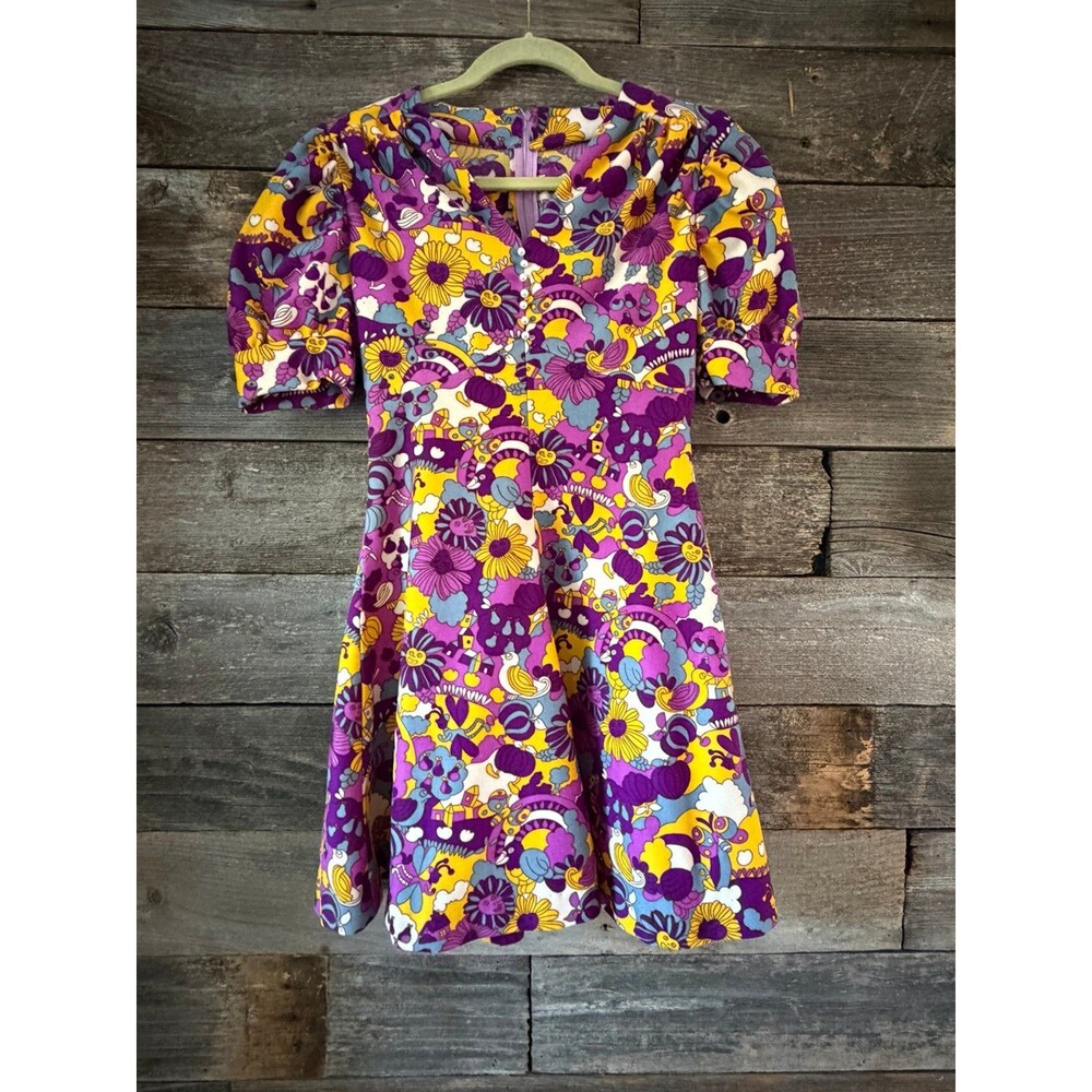 Vintage 60s 70s Handmade Psychedelic Novelty Print Mini Dress Puff Sleeve XS - Picture 3 of 8